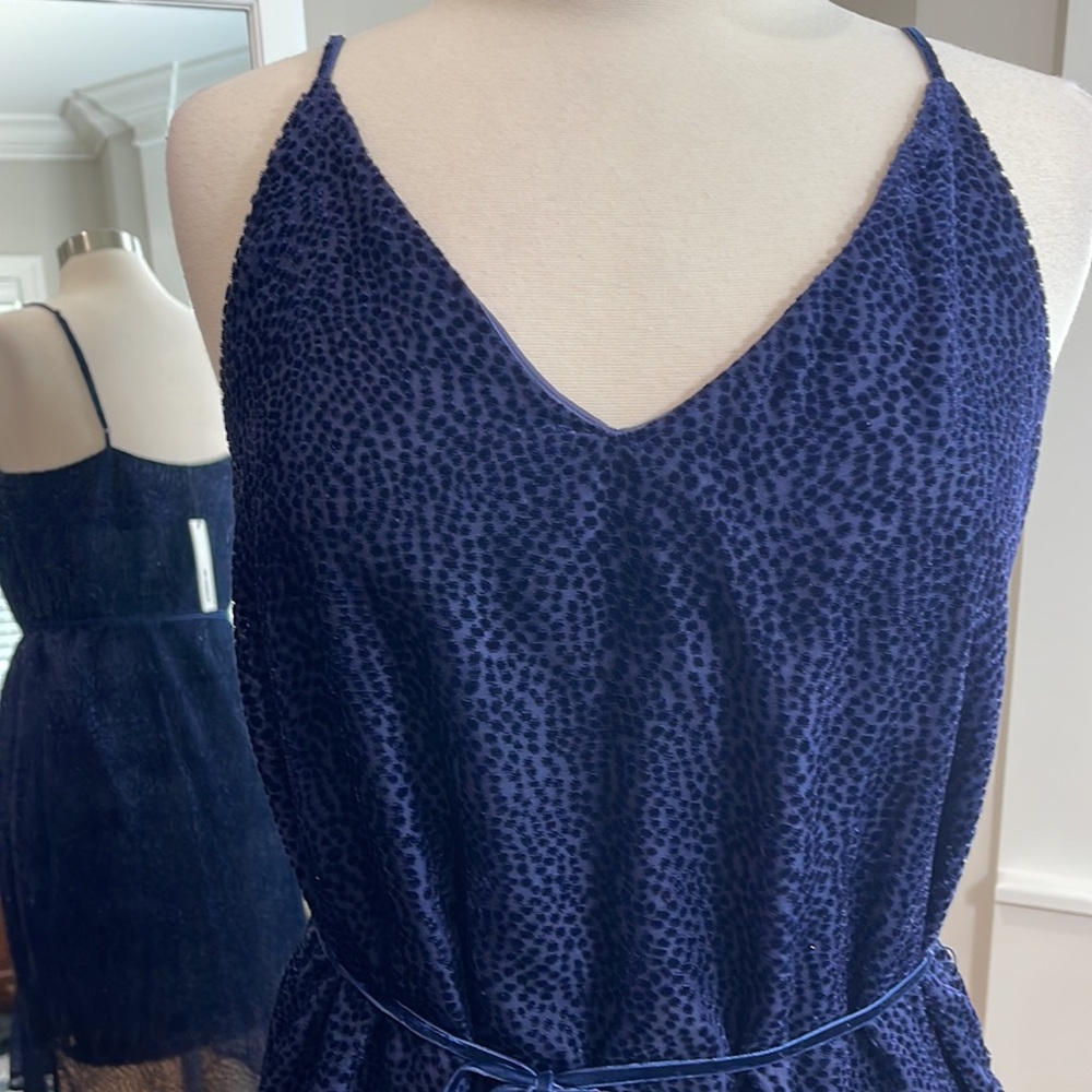 NWT BB Dakota Navy Blue High Low Ruffled with raised velvet dots/belt/straps SzM